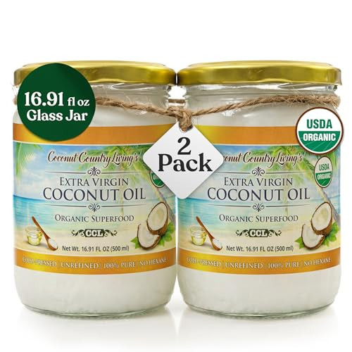 COCONUT COUNTRY LIVING’S | Extra Virgin Coconut Oil | Unrefined, Organic, Cold Pressed | Ideal For Hair, Skin, Cooking, Body Massage, Beauty and Oil Pulling| Keto & Paleo Cooking Oil | 2 Glass Jars 16.91 oz Each | Amazon (US)