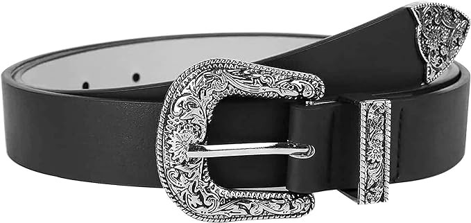 Western-Belt-for-Women-Cowgirl, PU-Leather-Waist-Belts with Vintage-Carved-Buckle and Tips-Ends f... | Amazon (US)