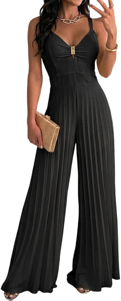 CHICME Women 2026 Sleeveless Deep V Sling Jumpsuit High Waist Pleated Jumpsuit Casual Beach Party... | Amazon (US)