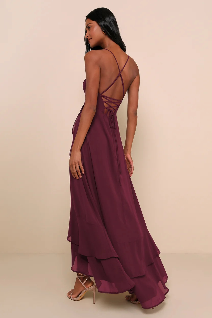 In Love Forever Plum Lace-Up High-Low Maxi Dress | Lulus