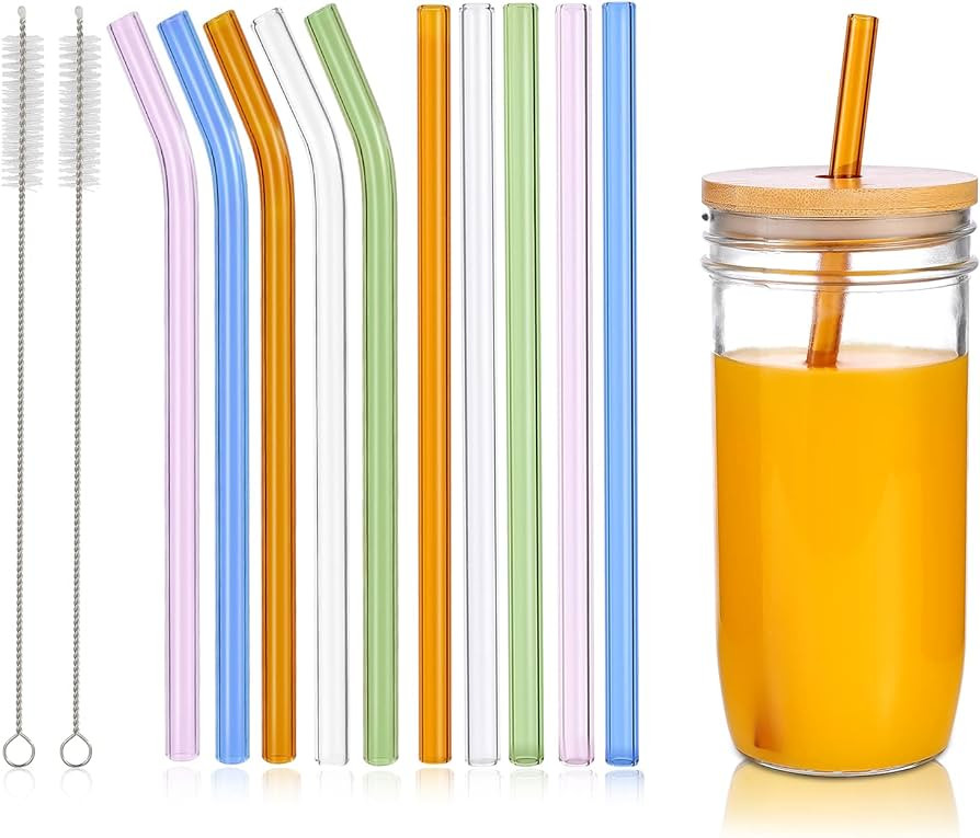 RENYIH 10 Pcs Reusable Glass Drinking Straws,9.05''x10 mm Colorful Glass Straws for Beverages,Mil... | Amazon (US)