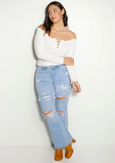 Plus Medium Wash High Rise Ultimate Stretch Rip Repair Fit And Flare Jeans | rue21