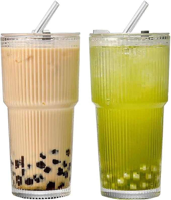 20oz Glass Cups with Lids and Straws,Glass Coffee Cups,Iced Coffee Cups with Lids, Smoothie Cup,T... | Amazon (US)