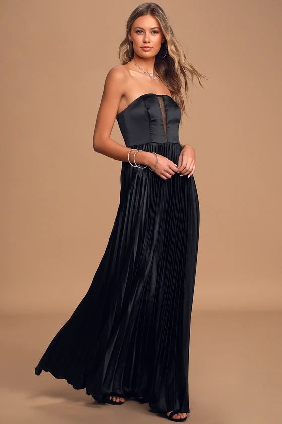 Always Be My Love Black Satin Strapless Pleated Maxi Dress | Lulus (US)