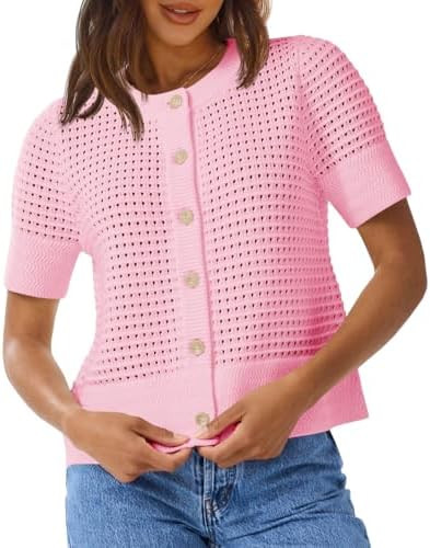Saodimallsu Womens Crochet Short Sleeve Cardigans Button Up Crew Neck Summer Beach Knit Sweater T... | Amazon (US)