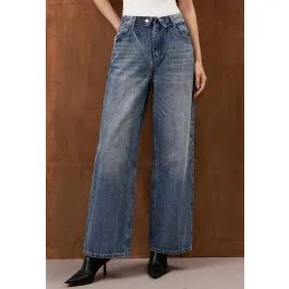 Fold-Over Waistband Straight-Leg Jeans in Blue for Daily Outings & Weekend Trips | Chicwish