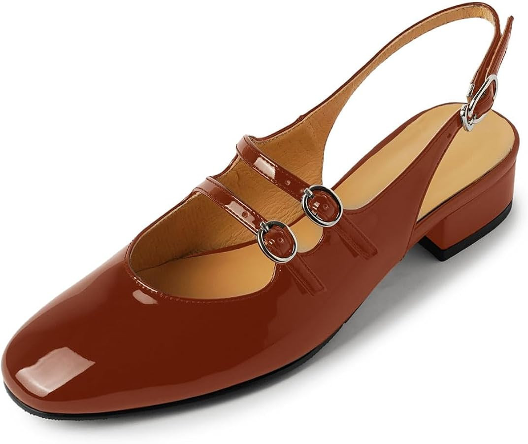 sarawill Women's Slingback Mary Jane Low Heels Double Strap with Buckle Flats Closed Round Toe Co... | Amazon (US)