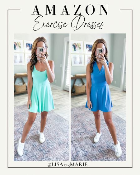 Amazon exercise dresses (XS). Athletic dresses. Mom outfit. Golf dresses. Tennis dresses. Casual outfits. Travel outfit. Veja Esplar sneakers (size down if you are a half-size). 

Left: *attached* shorts with pockets + has built-in bra + adjustable straps

Right: detachable shorts with pockets + no built-in shelf bra. 

#LTKtravel #LTKfit #LTKshoecrush
