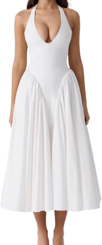 Solid Milkmaid Dress Sexy Dresses for Women Halter Neck Midi Sundress Casual Elegant Sleeveless S... | Amazon (US)