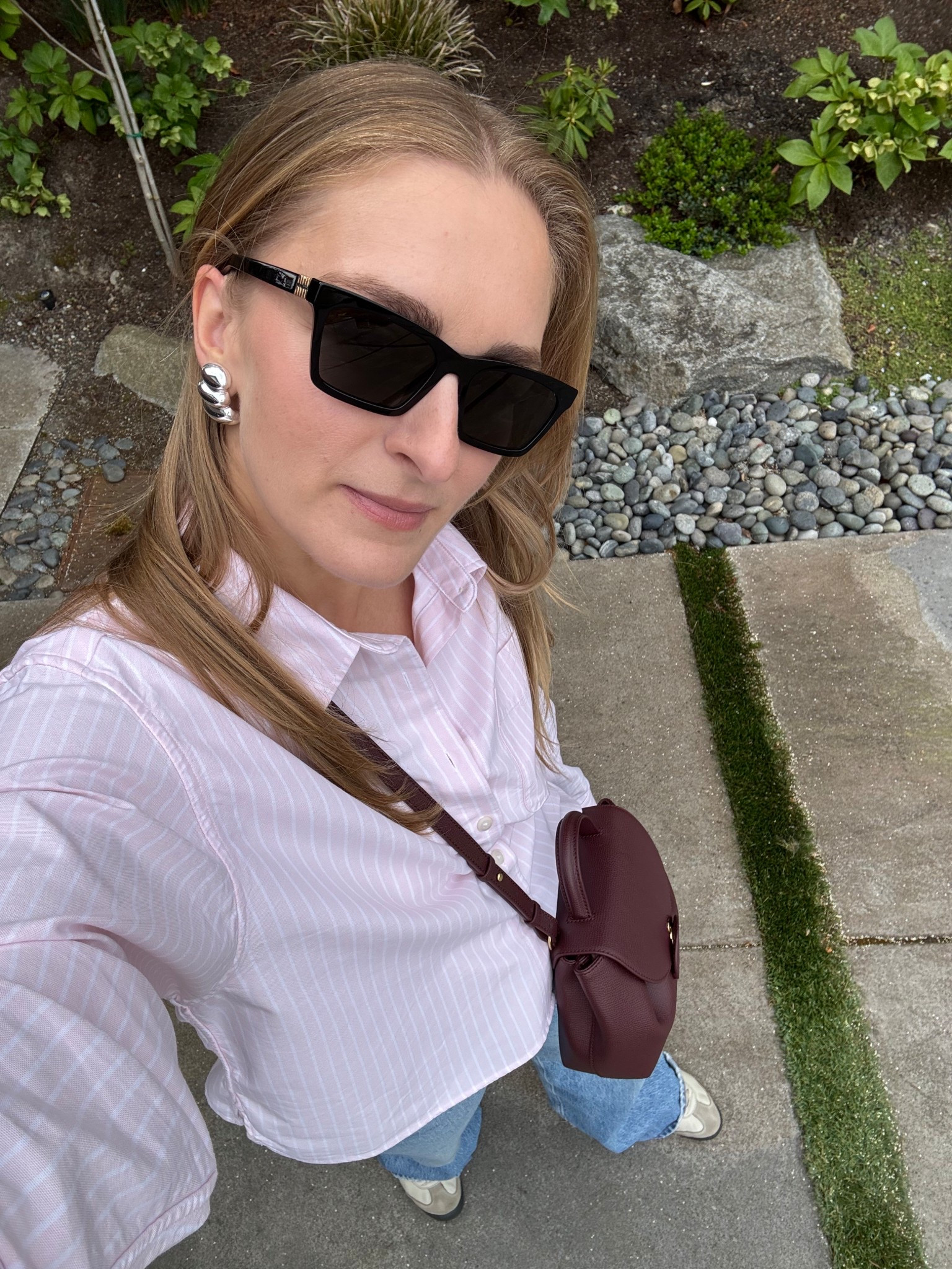 Love this outfit! All my favorites in one look 🤩
Bag is from Polene, they are not likable, but check out their website - these bags are very 🔥 now!
Reformation jeans are by far my fav pair of jeans, and they have so many new colors!
Onatsuka tiger sneakers are the most comfiest shoes, that do not need to break in, go for a long walk straight out of the box. 
Earrings from Jenny Bird are my favorite earrings, I have few pairs of earrings from them and they are very high quality and lightweight despite their shape.
