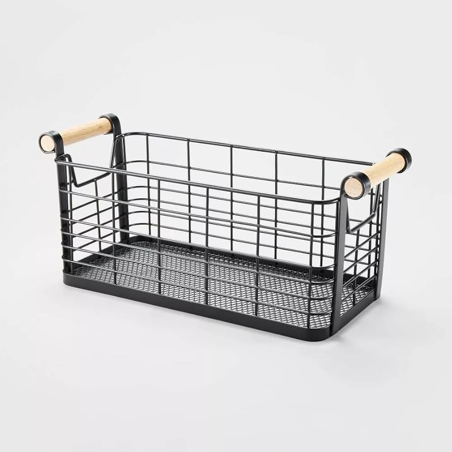Rectangular Wire Basket with Natural Wood Handles, Black, 6.25" x 13.75" x 6 | Amazon (US)