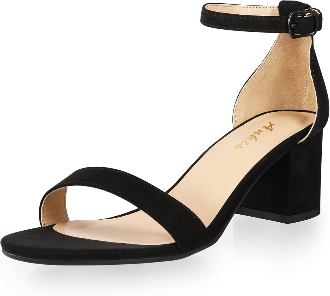 Ankis Nude Silver Black Heels Women's Open Toe Ankle Strap Block Chunky Low Heeled Sandal Comfort... | Amazon (US)