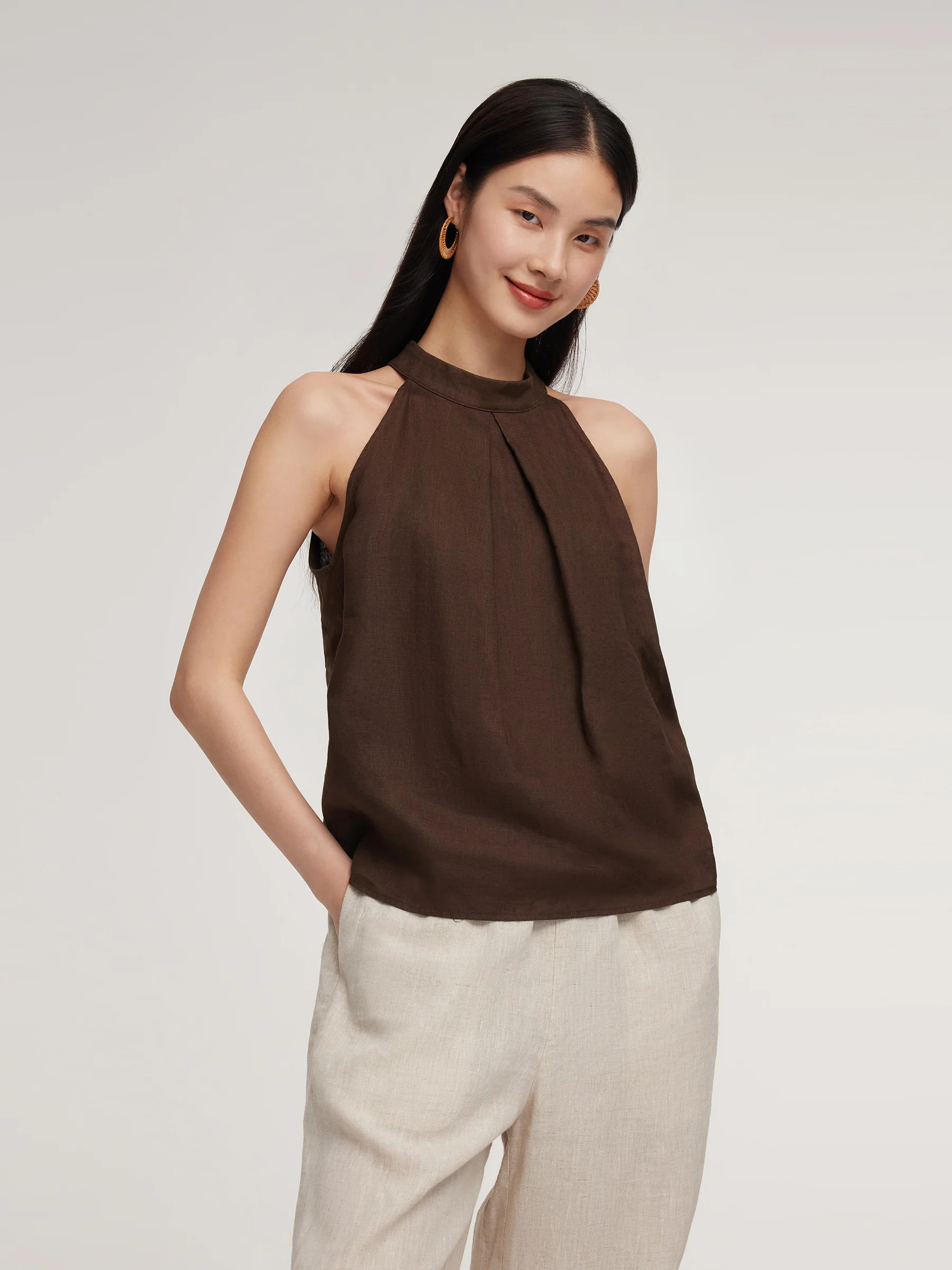 100% Linen Women Halter Tank Top - Brown / S | GOELIA