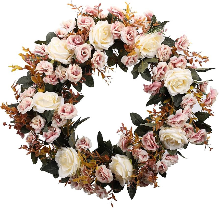 Duovlo Rose Floral Twig Wreath 19 Inch Handmade Artificial Flowers Garland Front Door Wreath (Cha... | Amazon (US)