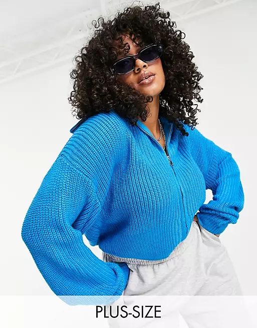 COLLUSION Plus knitted ribbed oversized zip through sweater in blue | ASOS (Global)