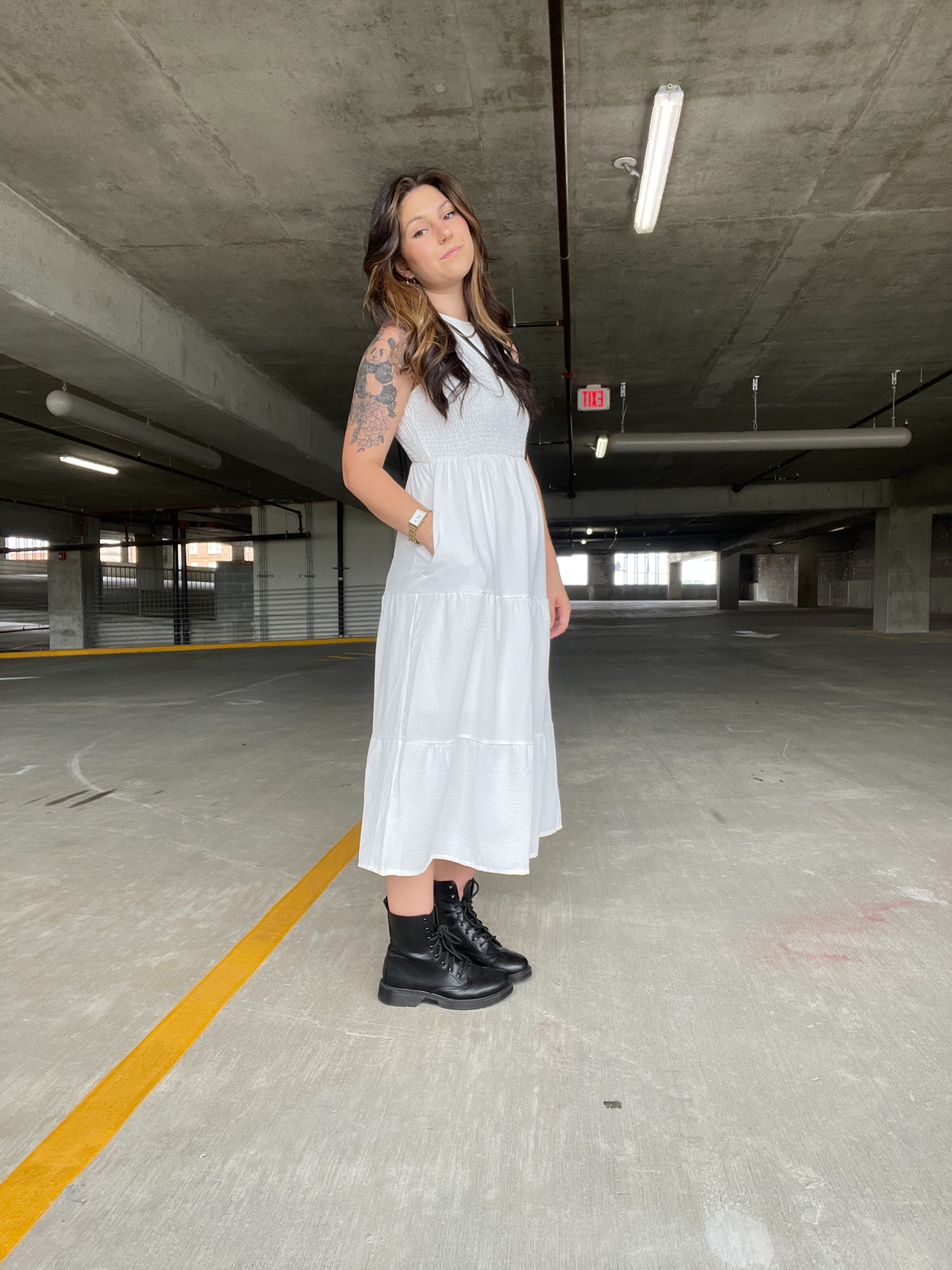 Edgy Summer outfit, mom summer outfit, mom fashion, casual fashion, comfortable fashion, casual style. I am wearing a white midi dress from amazon and black combat boots from Amazon. #outfit #summer #summerfashion #summeroutfit #momfashion #momoutfit #amazon #ltksummer #ltkfashion #ltkamazon  

 #LTKSummerEdit #LTKSeasonal #LTKFindsUnder50