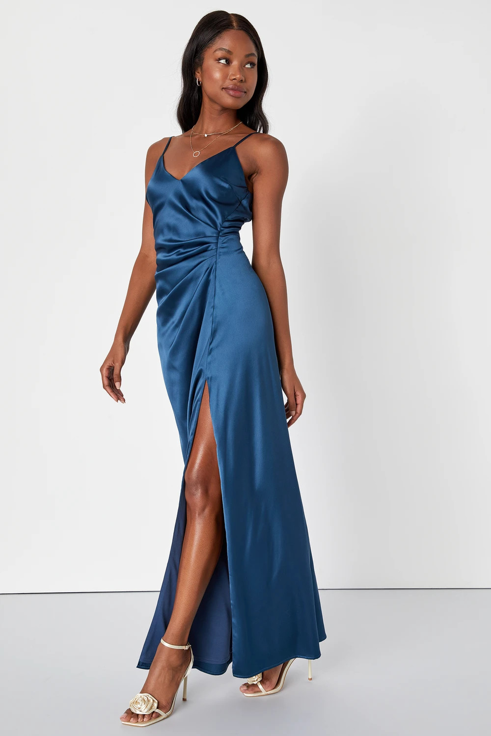 Delightful Allure Dark Blue Satin Pleated Backless Maxi Dress | Lulus