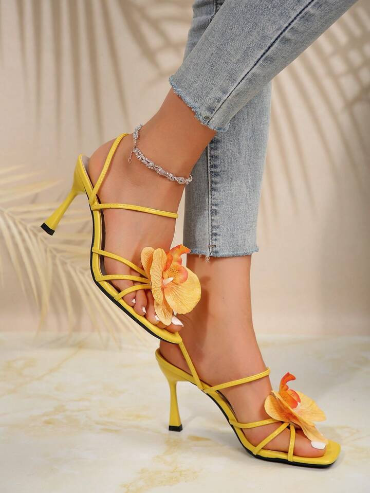 Floral Decor High Heel Sandals, European And American Style Summer Beach Slip-On Slippers For Wom... | SHEIN