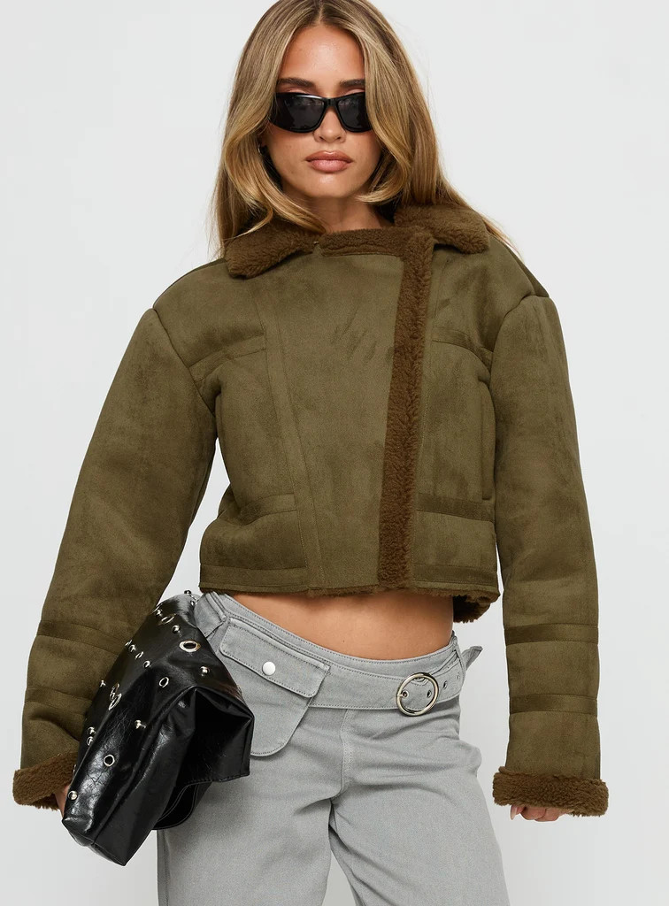 Swooning Cropped Faux Suede Jacket Green | Princess Polly US