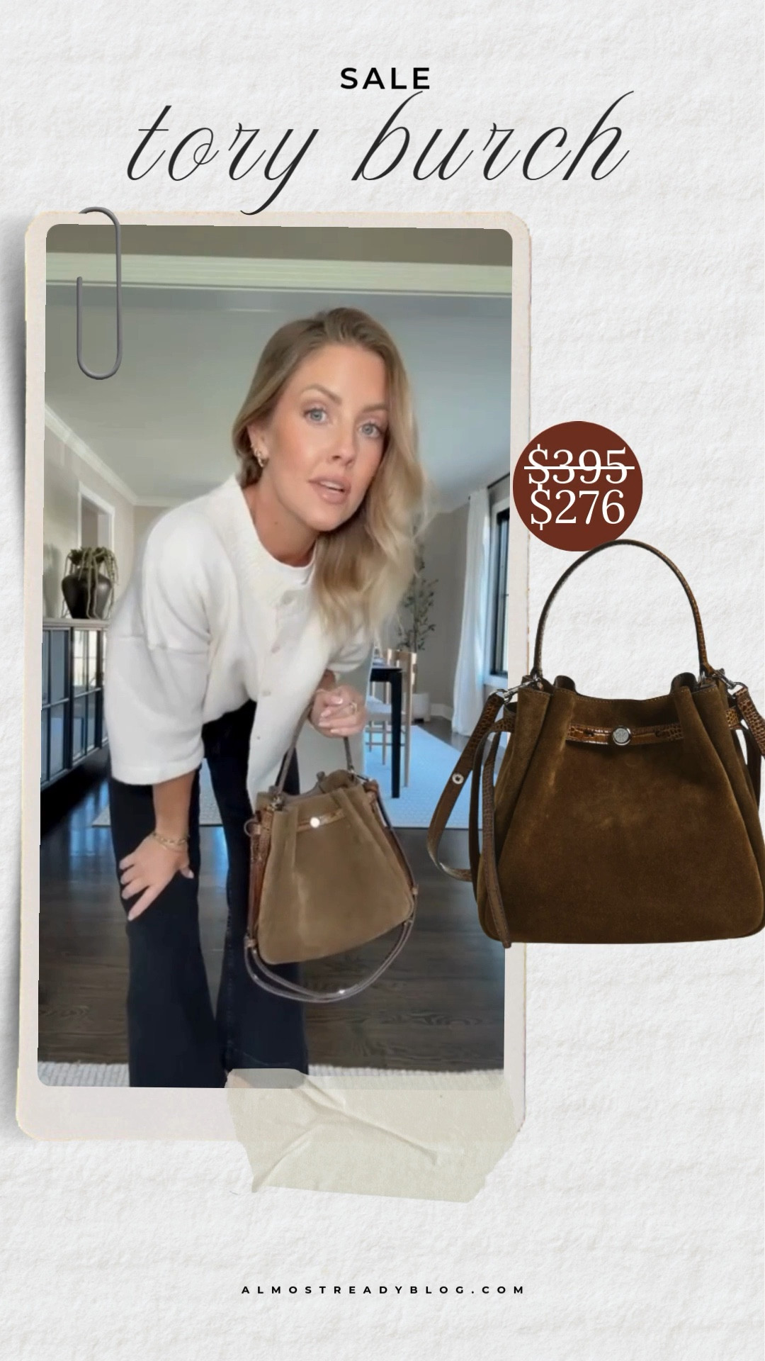 Small Amazon sweater / 25 jeans which is true to size for me 

tory burch sale, tory burch bag sale, tory burch romy suede bucket bag, nordstrom sale, amanda west, almost ready blog.