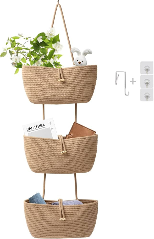 TeoKJ 3-Tier Cotton Rope Baskets with Button Strap Over the Door Wall Hanging Baskets for Nursery... | Amazon (US)