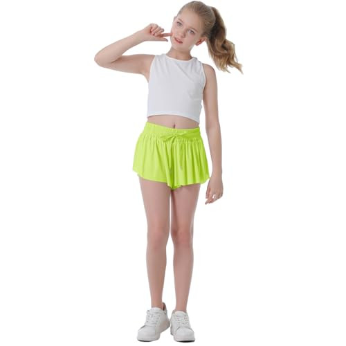 Flowy Shorts for Girls Butterfly Shorts for Kids Preppy Shorts for Teens Tennis Running Athletic Shorts with Liner(Neon Green,11-12 Years) | Amazon (US)
