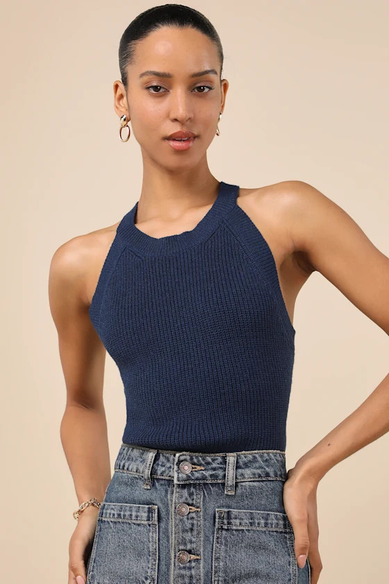 Staycation Sweetie Navy Knit High Neck Tank Top | Lulus