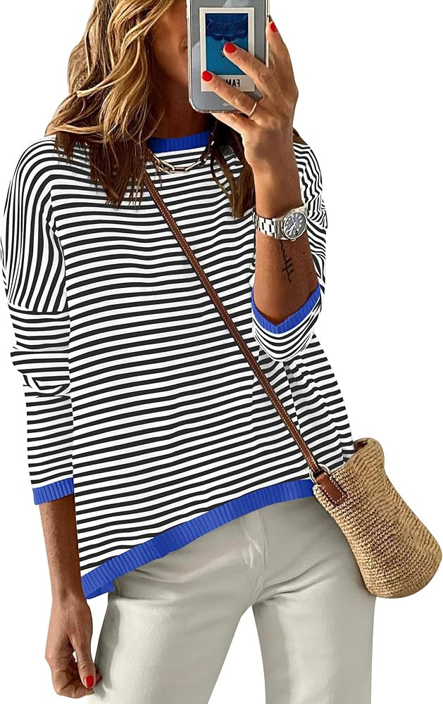 ANRABESS Womens Striped Sweaters Long Sleeve Top Crewneck Color Block Casual Loose Knitted Pullov... | Amazon (US)