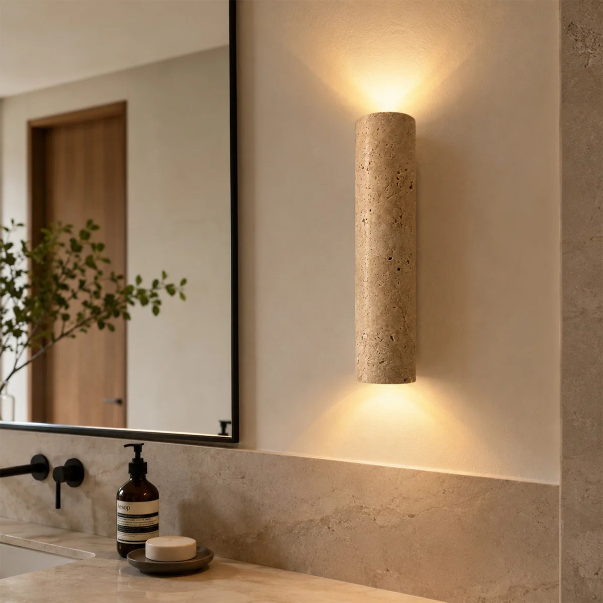 Modern Travertine Integrated LED Up and Downlight Wall Sconce with Solid Wood Canopy | Wayfair North America
