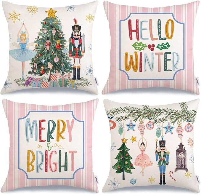 GEEORY Christmas Throw Pillow Covers 18x18 Inch Set of 4, Xmas Tree Nutcracker Hello Winter Merry... | Amazon (US)