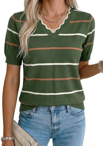 Dokotoo Womens Summer Short Sleeve Knit Tops 2026 Spring Trendy Casual V Neck Striped Sweater Blo... | Amazon (US)