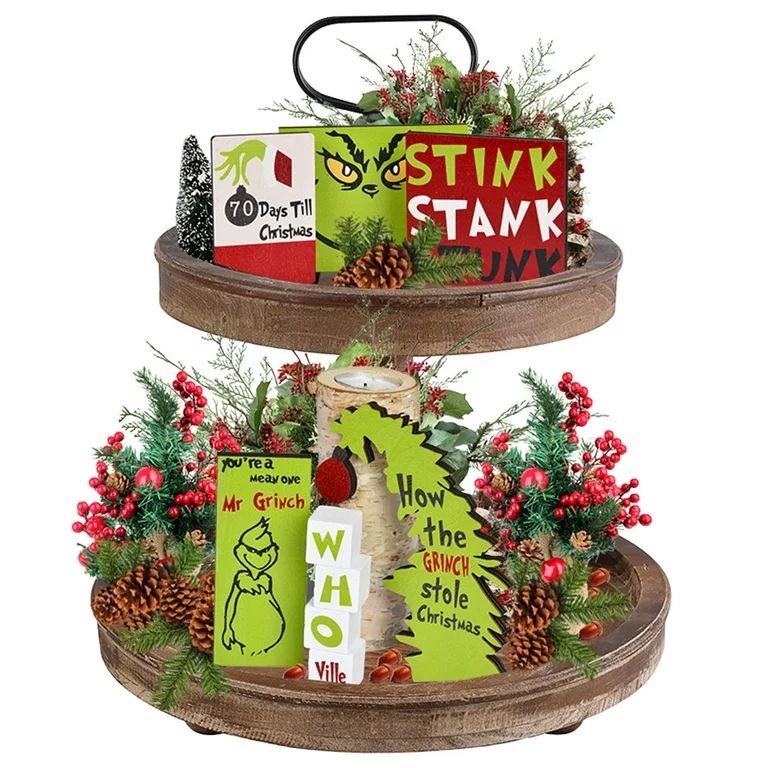Goodwill Grinch Christmas Tiered Tray Decoration, 6 PCS Farmhouse Tiered Tray Decor,Wooden Green ... | Walmart (US)