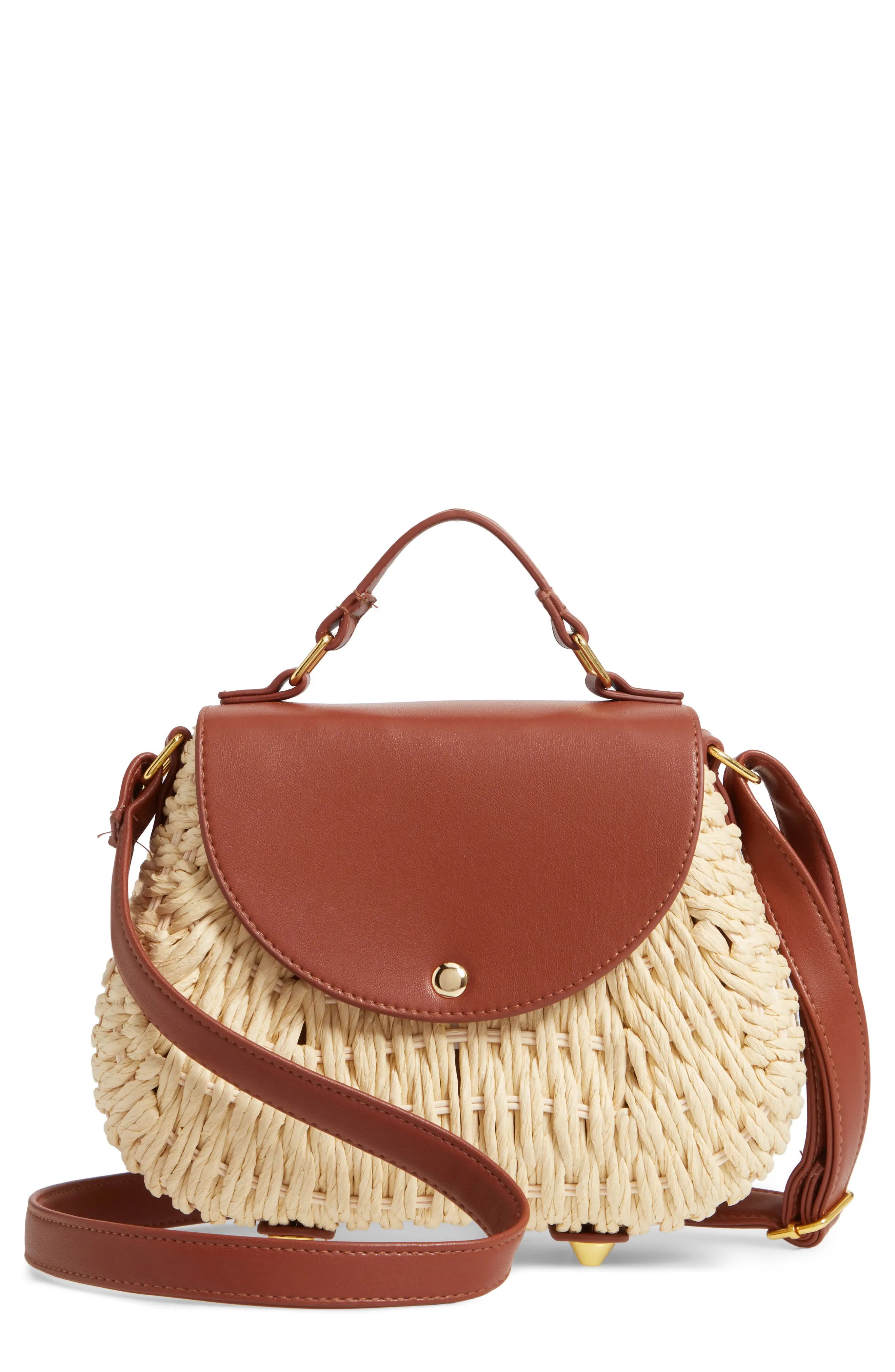 La Double 7 Faux Leather Trim Straw Saddle Bag - | Nordstrom