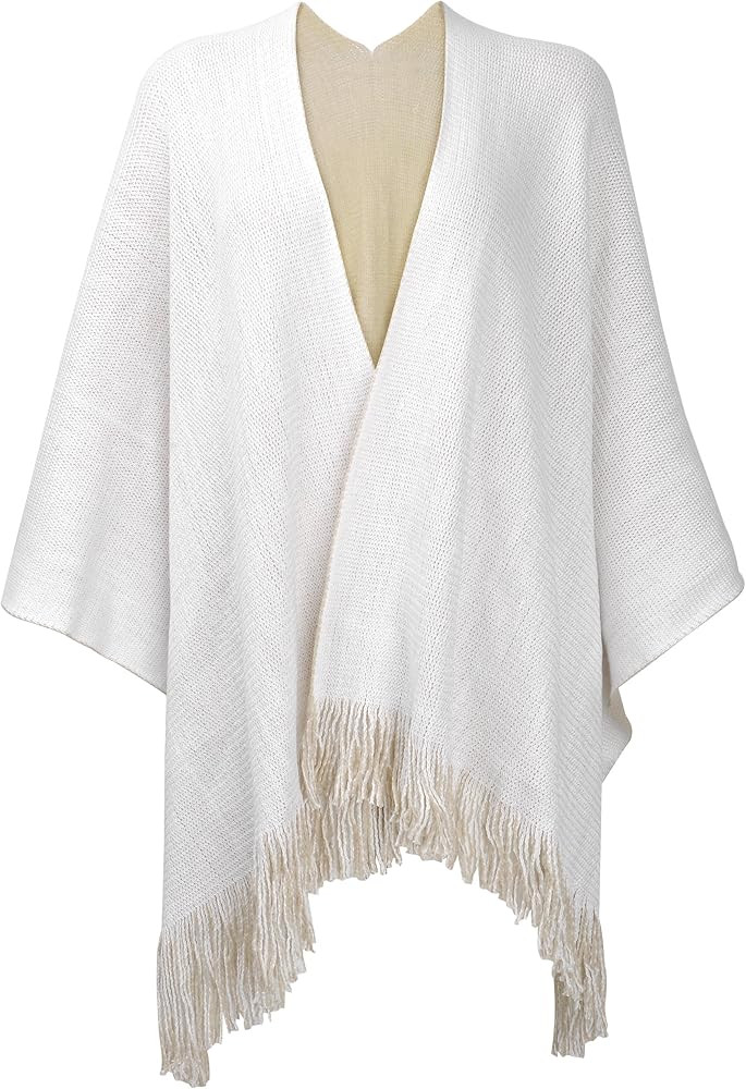 ZLYC Women's Reversible Winter Knitted Cardigan Faux Fringe Capes Shawl Blanket Wrap Sweater | Amazon (US)