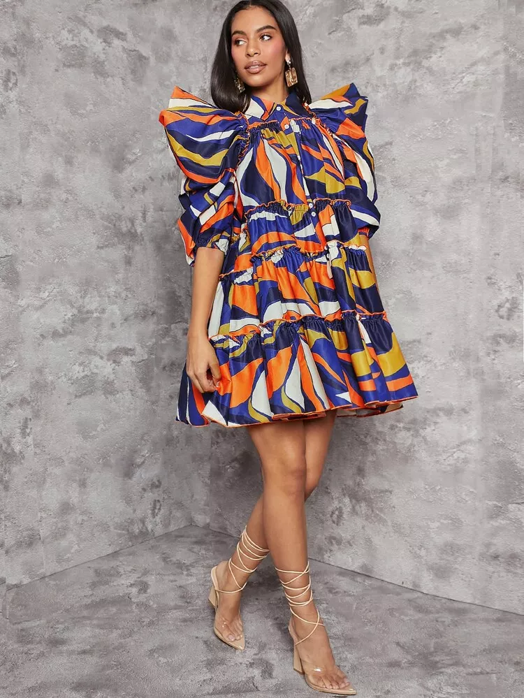 SHEIN VCAY Tropical Print Twist Front Cutout Dress