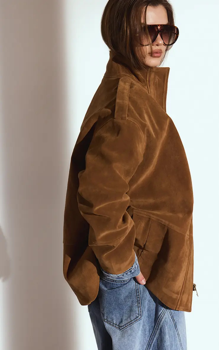 Jackets & Coats | Brown Funnel Neck Concealed Placket Longline Suede Jacket | PrettyLittleThing | PrettyLittleThing UK