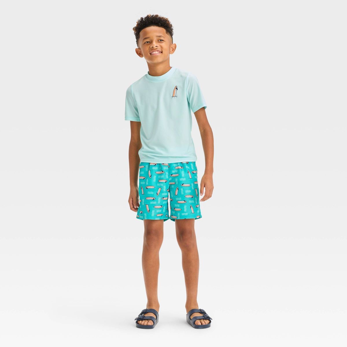 Boys' Short Sleeve Surf Board Printed Rash Guard Top & Swim Shorts Set - Cat & Jack™ Blue | Target