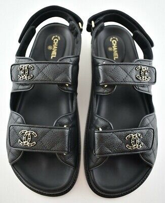 Chanel REV Black Caviar Gold CC Logo Mule Slide Strap Flat Teva Dad Sandal 35  | eBay | eBay AU