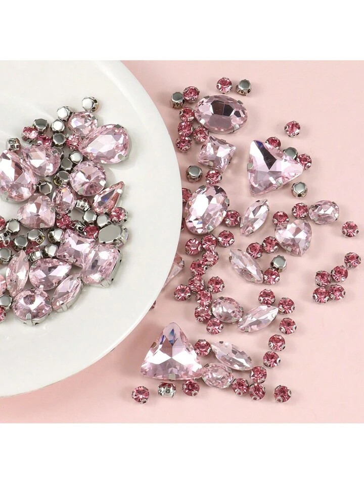 Approx. 130pcs/Pack Silver & Pink Sew On Rhinestones, Mixed Shape Metallic Claw Setting Glass Gems For Sewing Embellishment | SHEIN