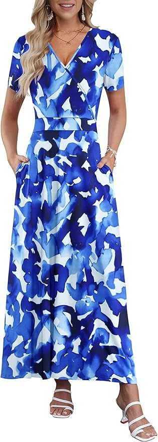 AUSELILY Women's Summer Maxi Dress Short Sleeve Floral Print Bohemian V Neck with Pockets | Amazon (US)