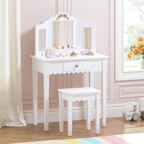 Spirich Kids Vanity Set with Mirror and Stool, Kids Make Up Vanity Desk for Little Girls, Children Makeup Dressing Table with Drawer | Amazon (US)