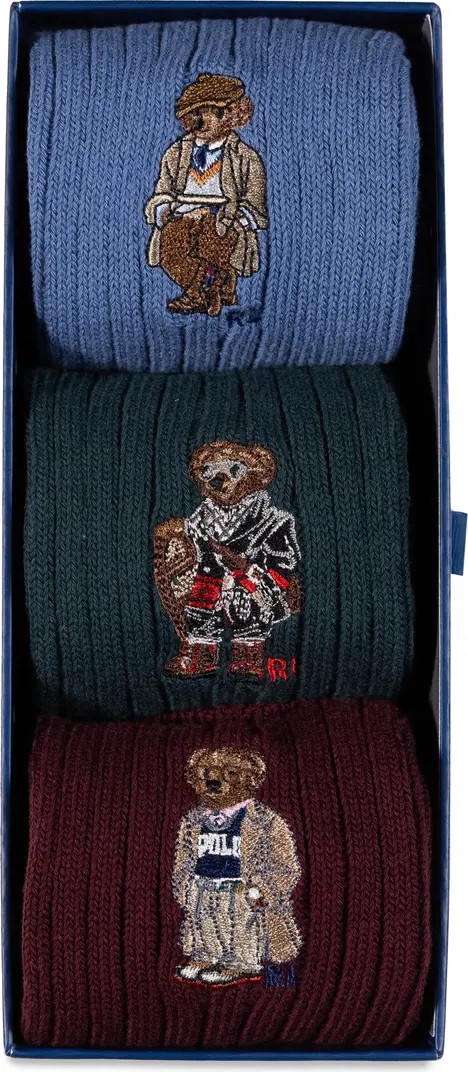 Embroidered Bears Assorted 3-Pack Cotton Blend Crew Socks Gift Box | Nordstrom