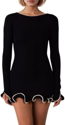 Women Elegant Ruffle Hem Knit Mini Dress Long Sleeve Contrast Color Patchwork Bodycon Short Sweat... | Amazon (US)
