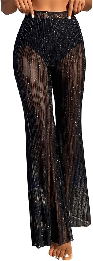 GORGLITTER Durchsichtig Hose Damen Transparent Schlaghose mit Glitzer für Cover Up Mesh Strandho... | Amazon (DE)