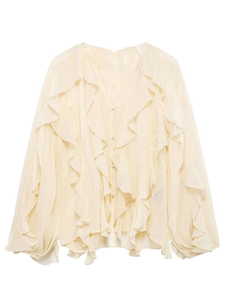 Elegante Damen-Shirts mit Rüschen, langärmelig, halbtransparent, einfarbig, Knöpfe, V-Ausschni... | Amazon (DE)