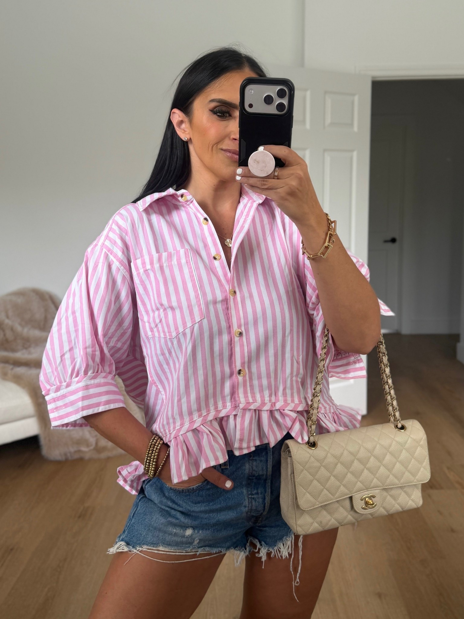 Dressy Casual Blouse Striped Too with Short Ruffled Sleeves.
Any size, Multiple Colors