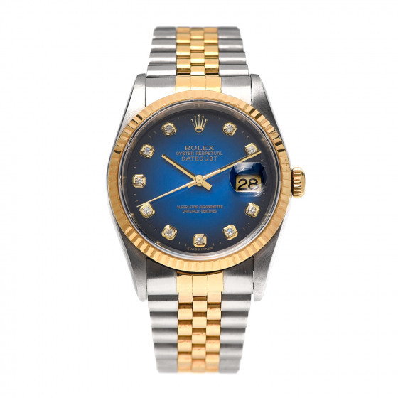 ROLEX Stainless Steel 18K Yellow Gold Diamond 36mm Oyster Perpetual Datejust Watch Blue Vignette 162 | Fashionphile