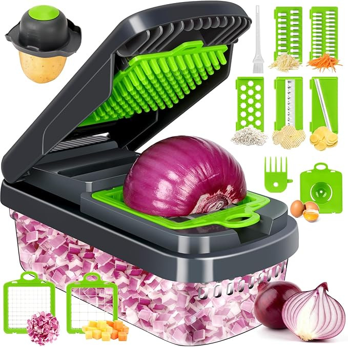 Vegetable Chopper,12-in-1 Multifunctional Food Chopper,Professional Onion Chopper with 7 Blades,V... | Amazon (US)