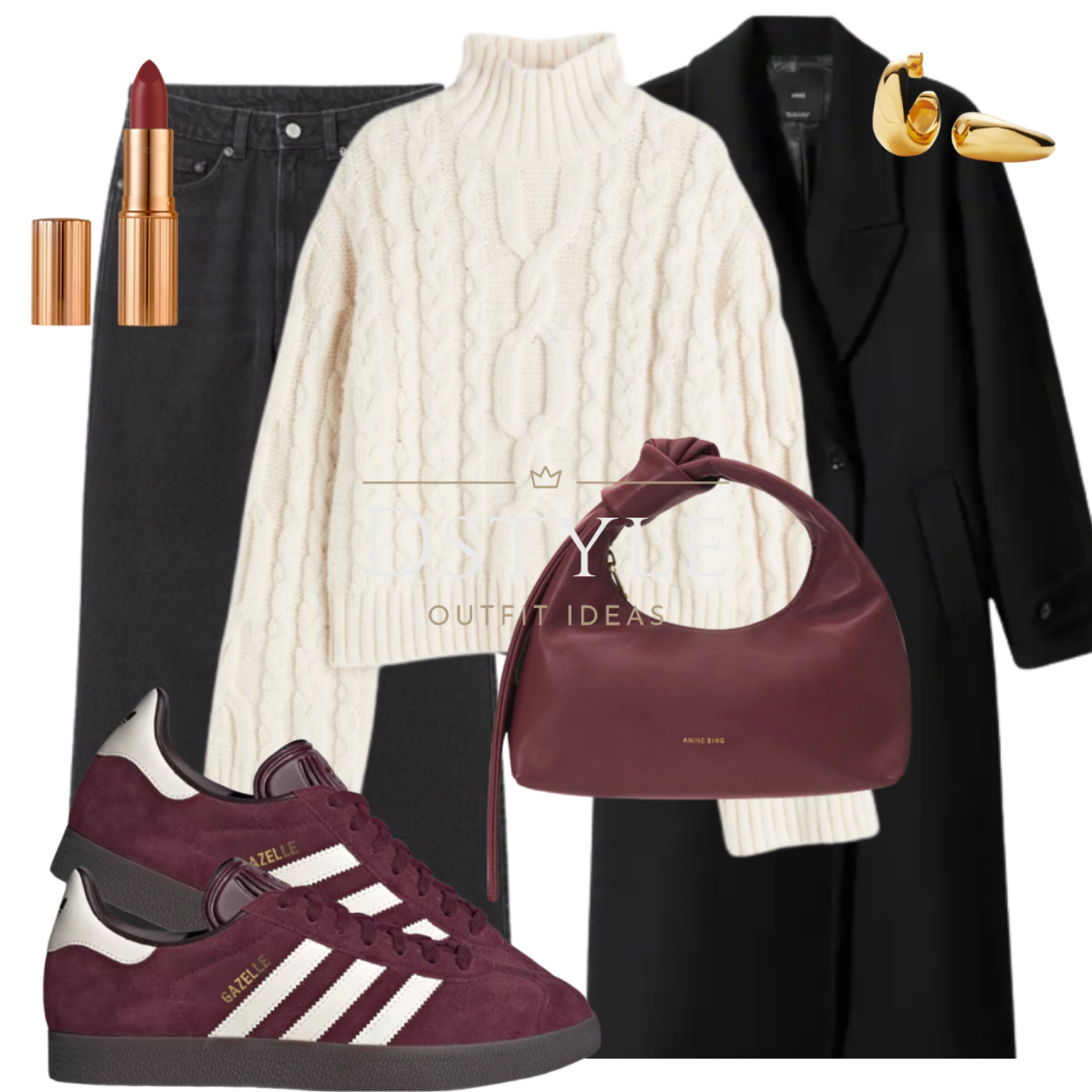 Winter warmth meets style. A cream cable-knit sweater, oversized black wool coat, and the perfect denim pairing. Accessorize with a dark cherry bag and complete the look with Adidas Gazelle. Ready for winter wonders! ❄️👟 #OOTD #WinterStyle

#LTKfindsunder50 #LTKCyberWeek #LTKsalealert