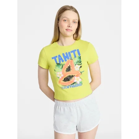 No Boundaries Ribbed Cotton Graphic Baby Tee with Short Sleeves Women s XXS-XXL | Walmart (US)